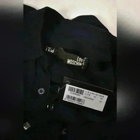 NWT LOVE MOSCHINO Navy Blue Viscose  Long Sleeve Rhinestone Sparkle Blouse 4US - Picture 7 of 8